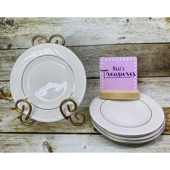 Gibson GOLDEN EMBRACE Embossed Curves Rim Gold Ring Salad Dessert Plates Set 4 - Picture 1 of 11